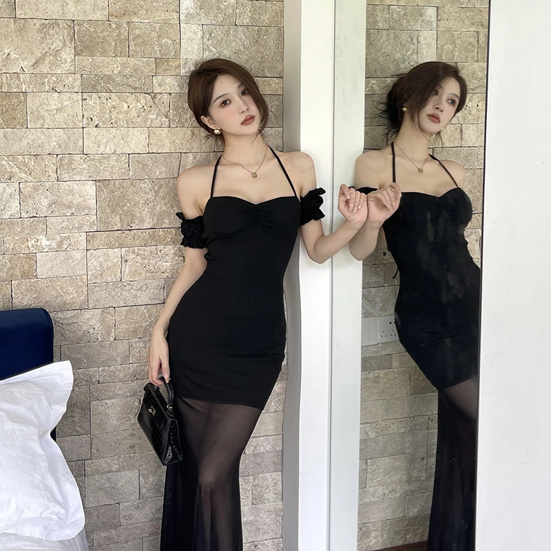 KaDaiShan 黑色挂脖一字肩连衣裙性感气质轻熟御姐风网纱露背长裙