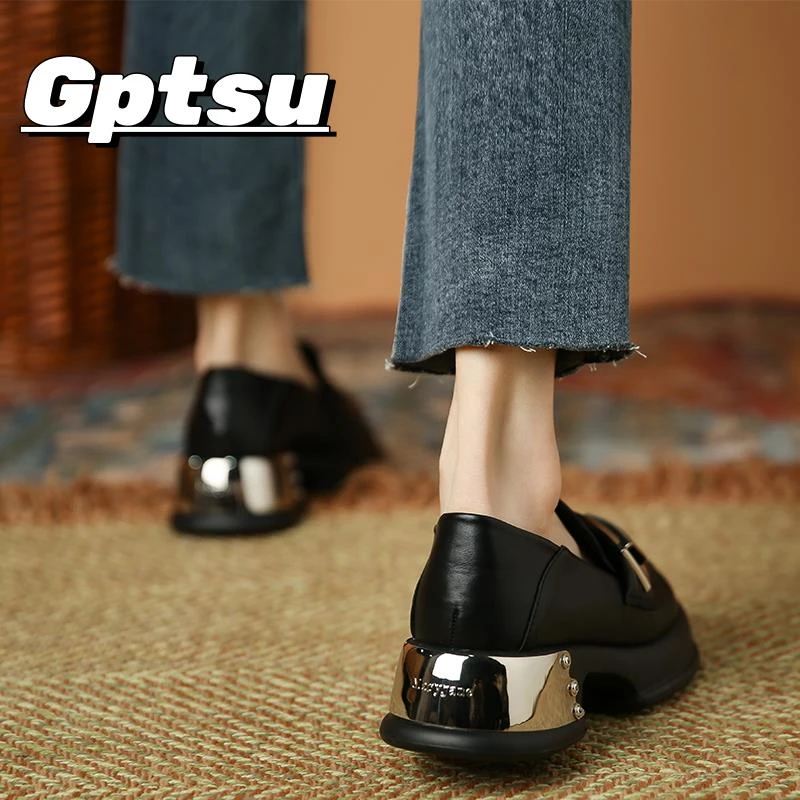 GPTSu小众乐福鞋女春秋季时尚百搭英伦风厚底小皮鞋一脚蹬单鞋女