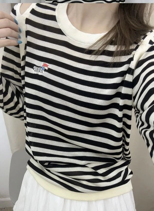 2025早秋新款100％莱赛尔天丝露肩长袖洋气刺绣时尚减龄条纹爆款