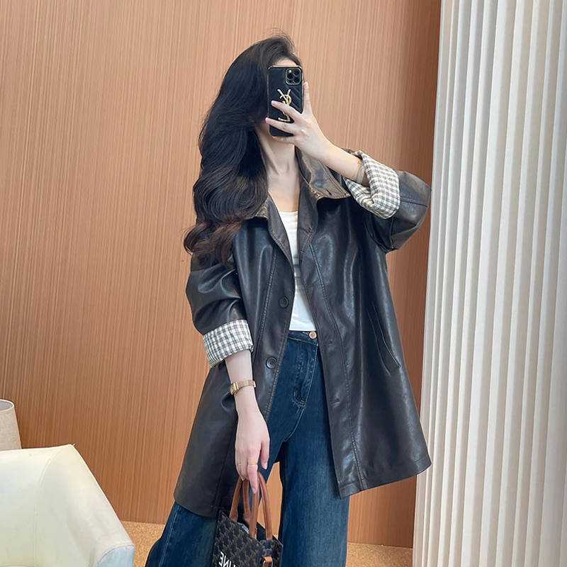皮衣女款2025新款酷飒风中长款今年流行爆款高级感小个子拼色风衣