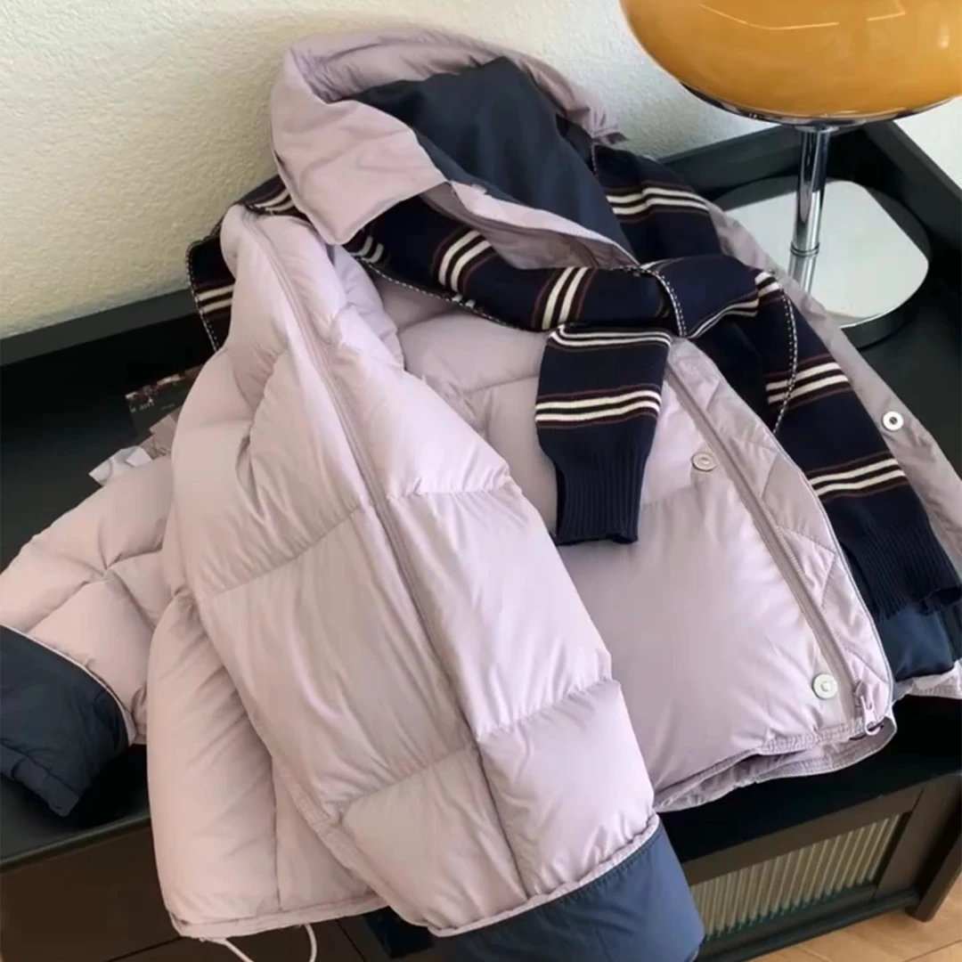 韩系紫色软呼呼保暖棉服外套秋冬时尚加厚翻领百搭短款面包服棉衣