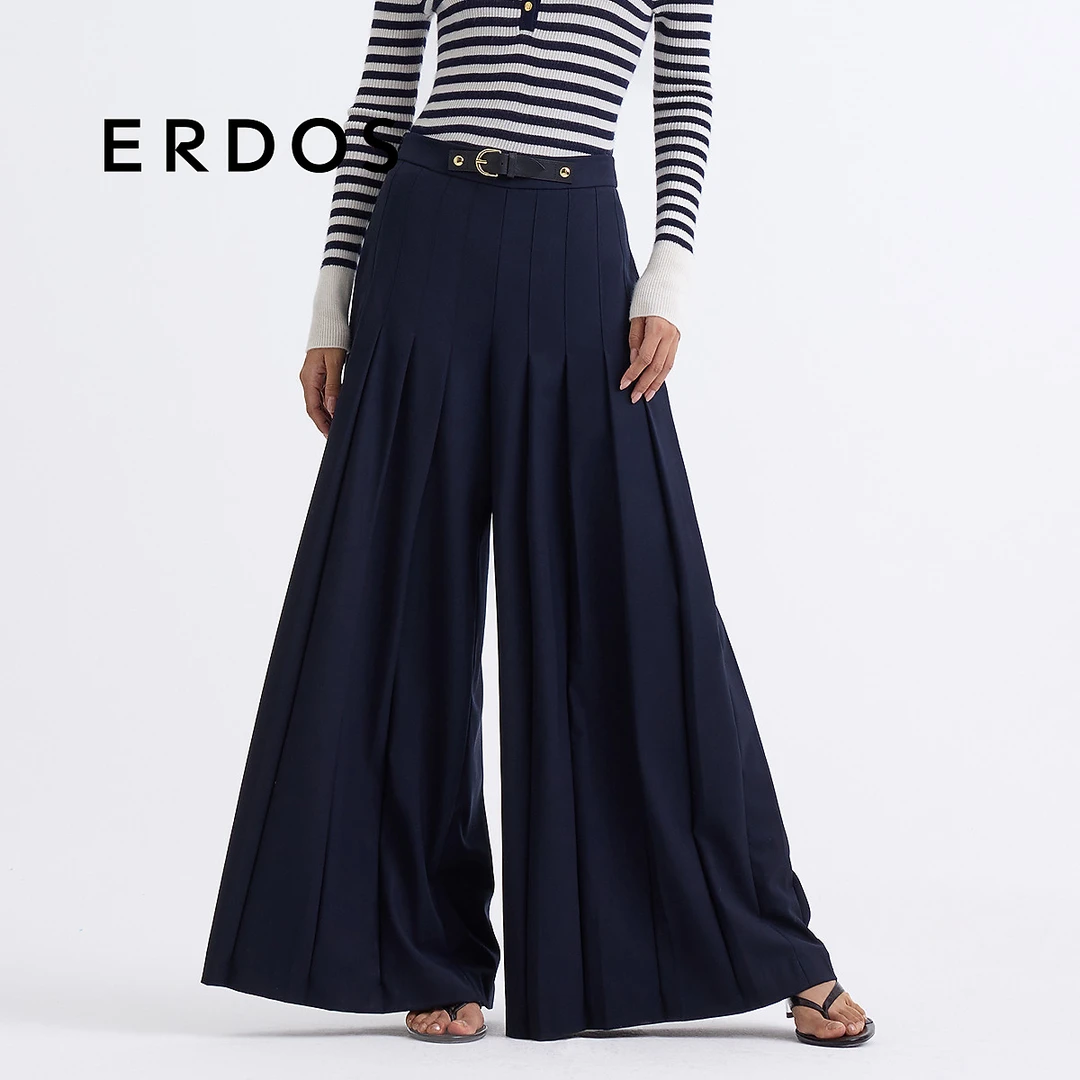 【阔腿百褶裙裤】ERDOS 羊毛可拆卸皮带扣宽松休闲裤春