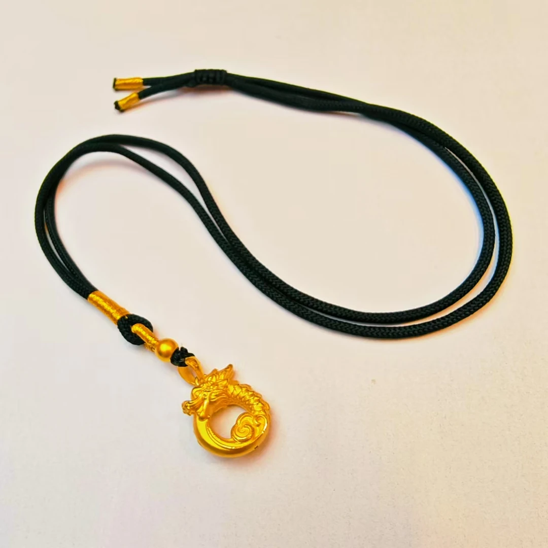 142#足金999黄金 5D硬金工艺 小龙盘扣黑绳编织