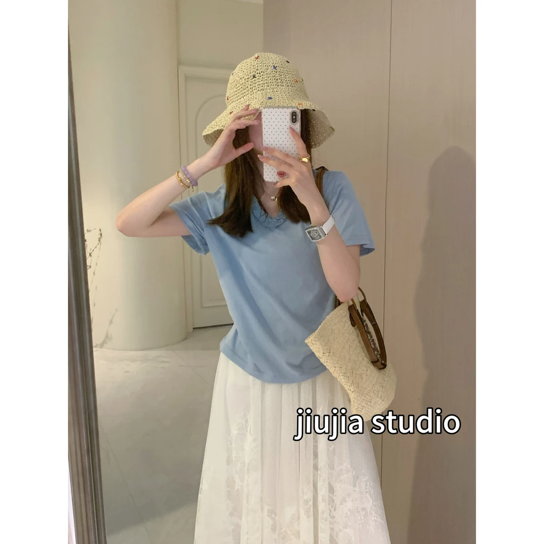 九佳 -【精致生活】木耳边V领休闲显瘦百搭内搭时尚打底衫短袖T恤