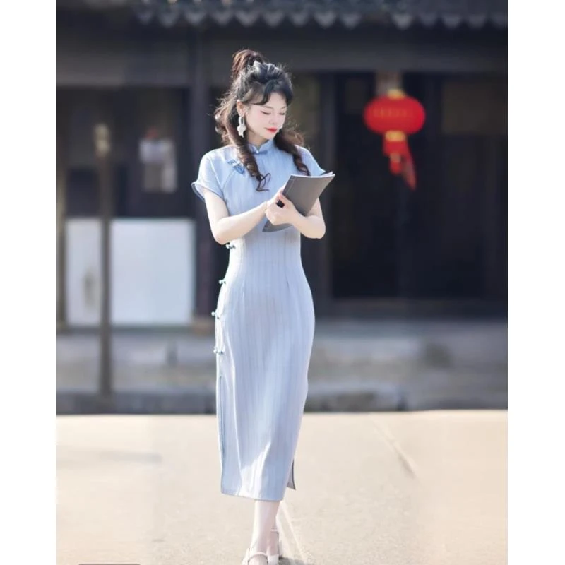 【楠意】新款文艺书卷气改良款中长小个子旗袍日常蓝色藏青色显瘦