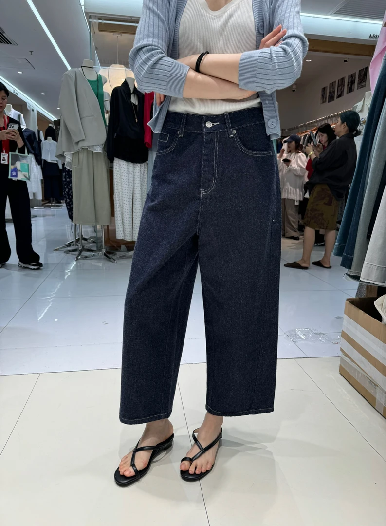 卡布85219牛仔裤女2025春新款阔腿裤BK显瘦苎麻普洗色九分弯刀裤