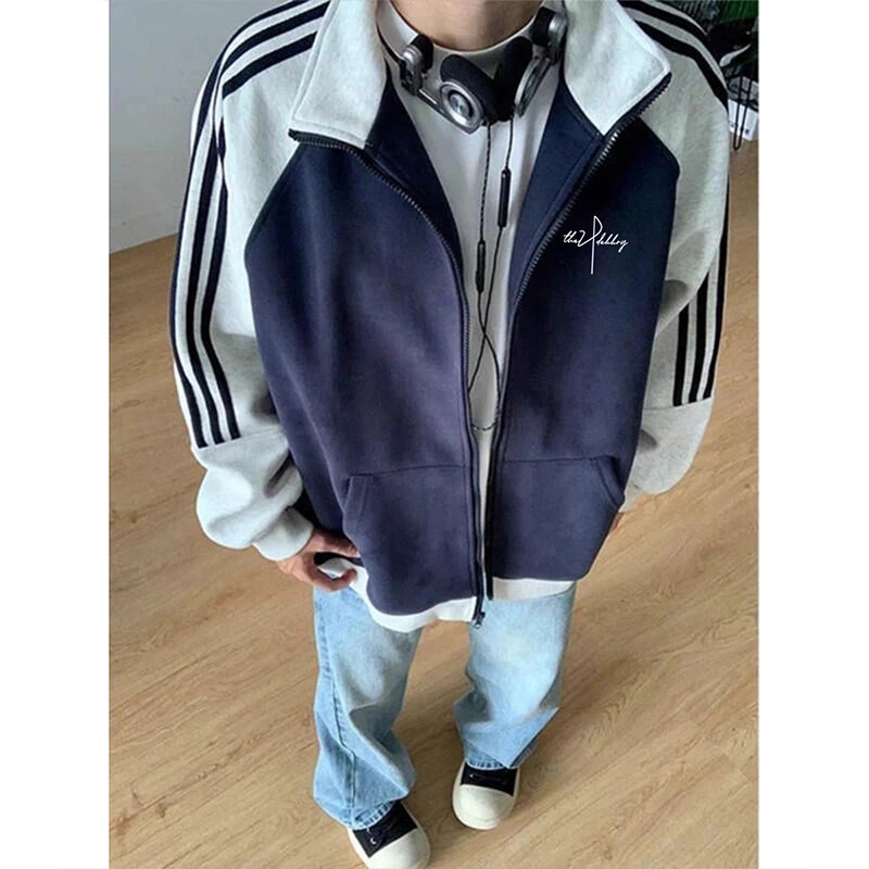 美式创意艺术字母印花拼接三条杠卫衣男女秋冬季休闲立领拉链外套