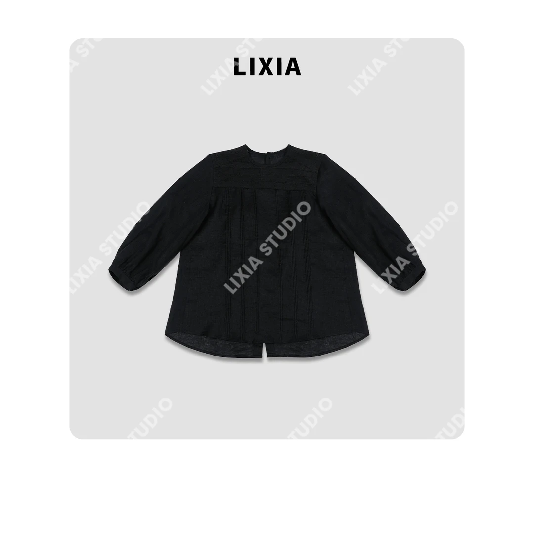 LIXIA【墨言】休闲风蕾丝设计师款宽松100苎麻圆领衬衫-D8738