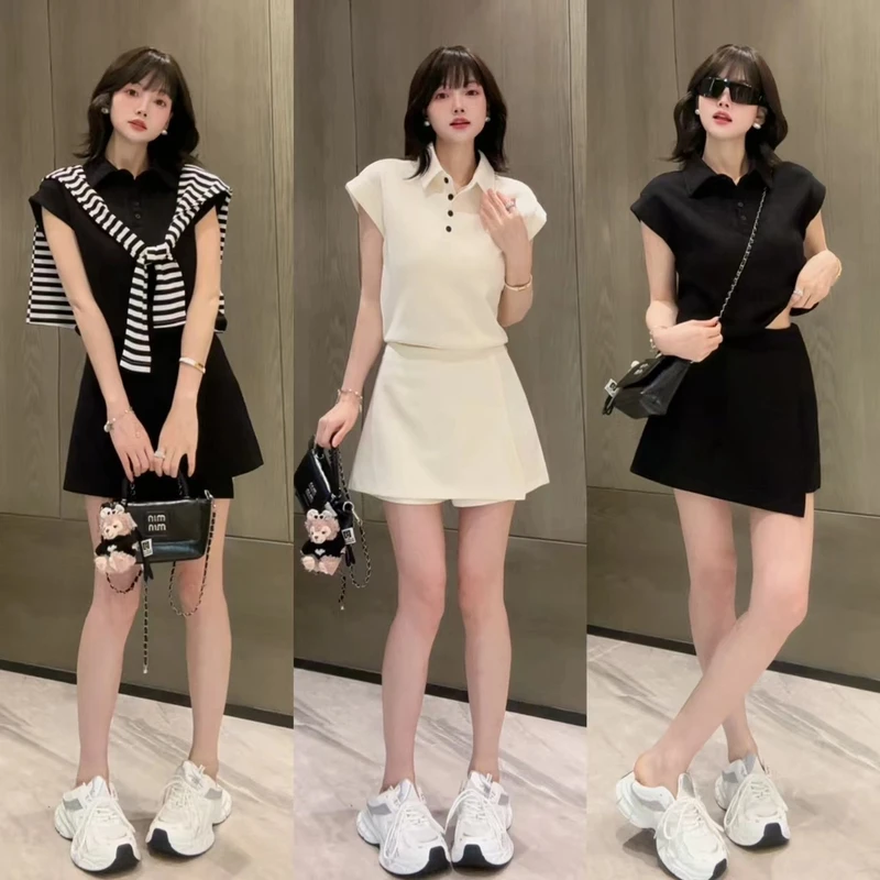 减龄搭配休闲运动套装女夏新款时尚polo领短袖t恤+裤裙两件套LP