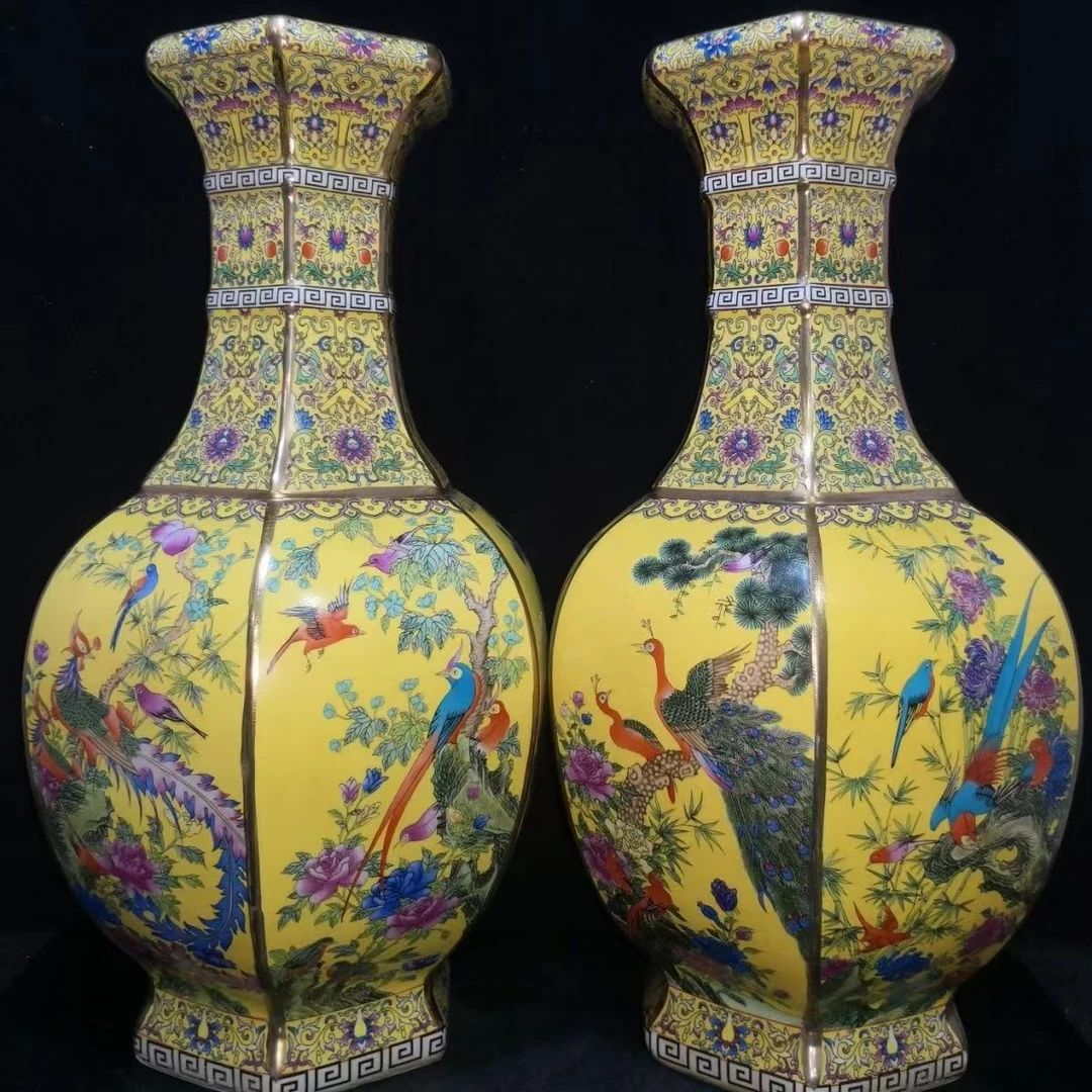 景德镇陶瓷 帝王黄同款中式六方瓶 摆件一对