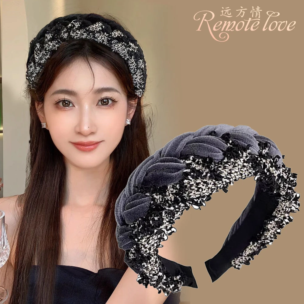 remote love/远方情高级感拼色麻花丝绒发箍女宽边发捆发卡T2353