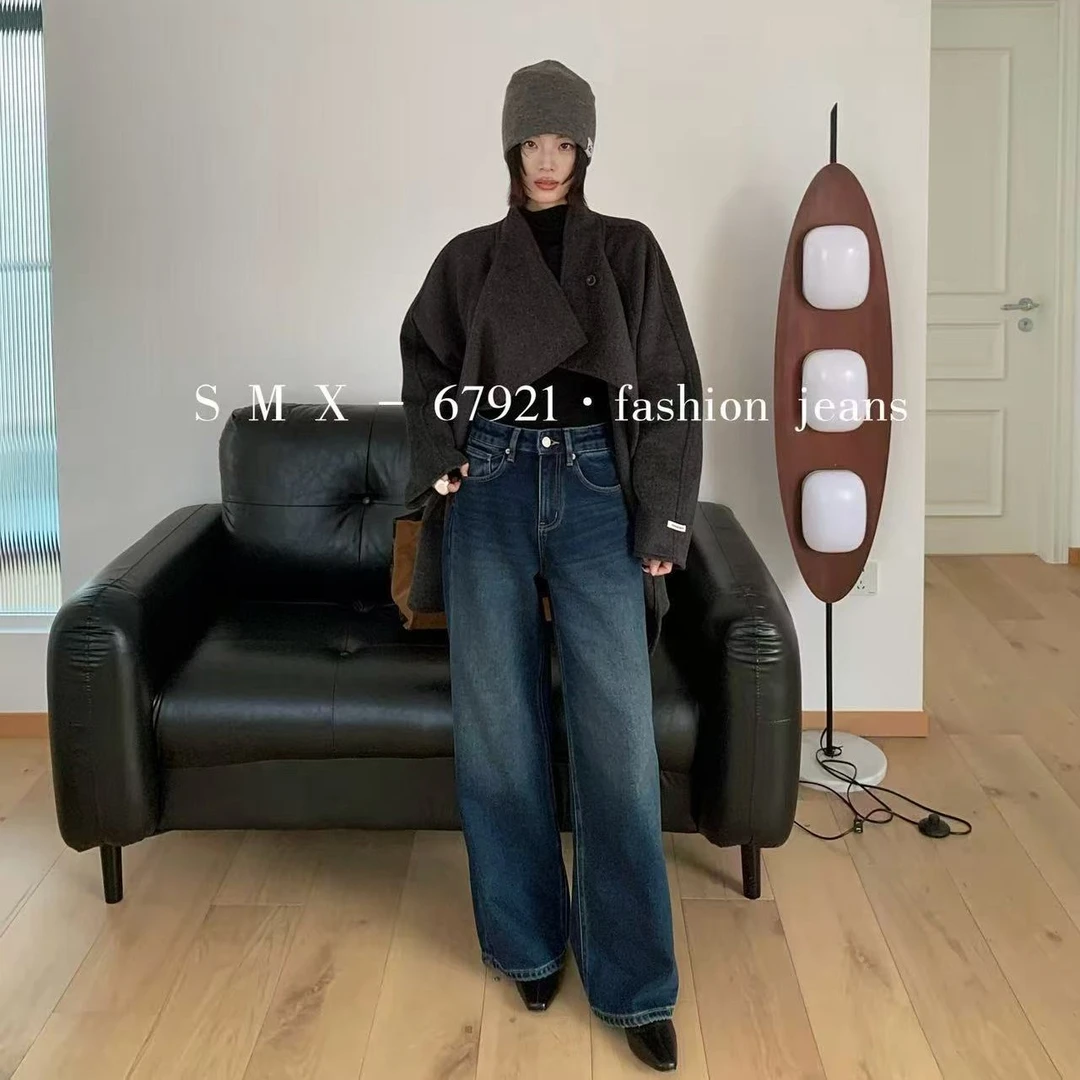 SMX～宽松无弹力植绒阔腿牛仔裤67921(28码裤长103腰围72公分左右)
