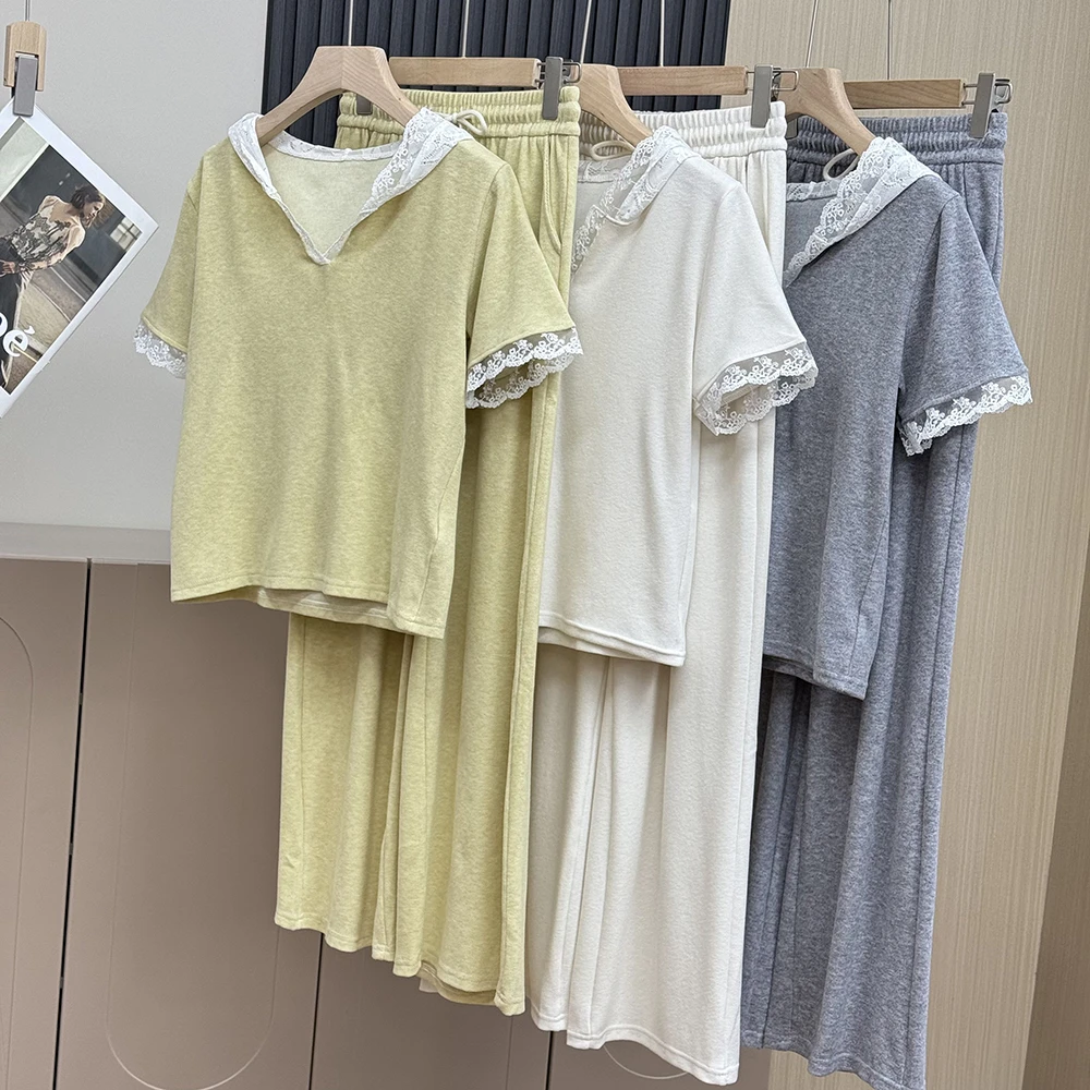 蕾丝拼接帽衫T恤+显瘦长裤两件套女春夏时尚套装23731