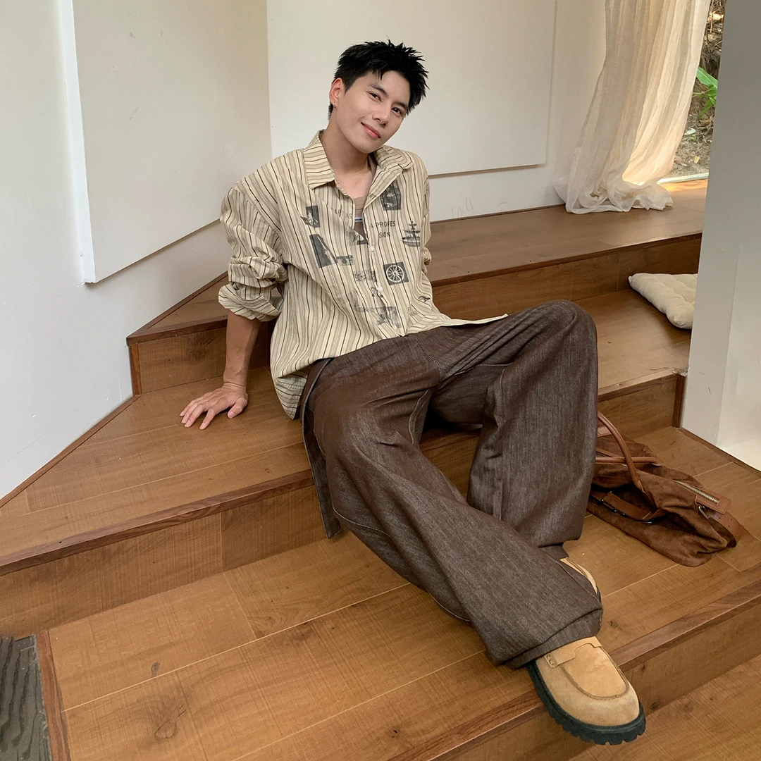 Holocene美式潮牌趣味街头风条纹衬衫男休闲时尚印花痞帅SS31211