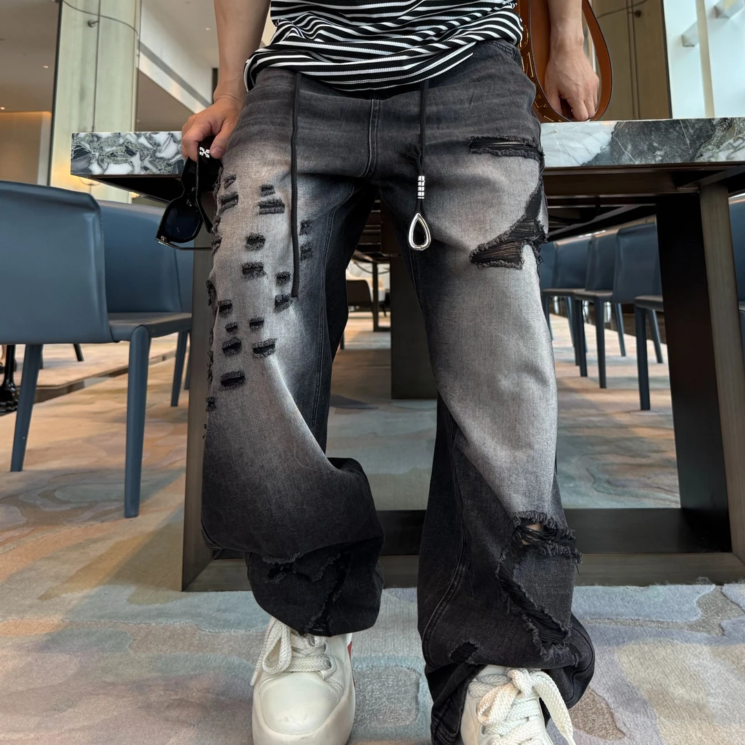 金先生夏季破洞弹力腰抽绳水洗做旧宽松美式潮流时尚休闲牛仔裤