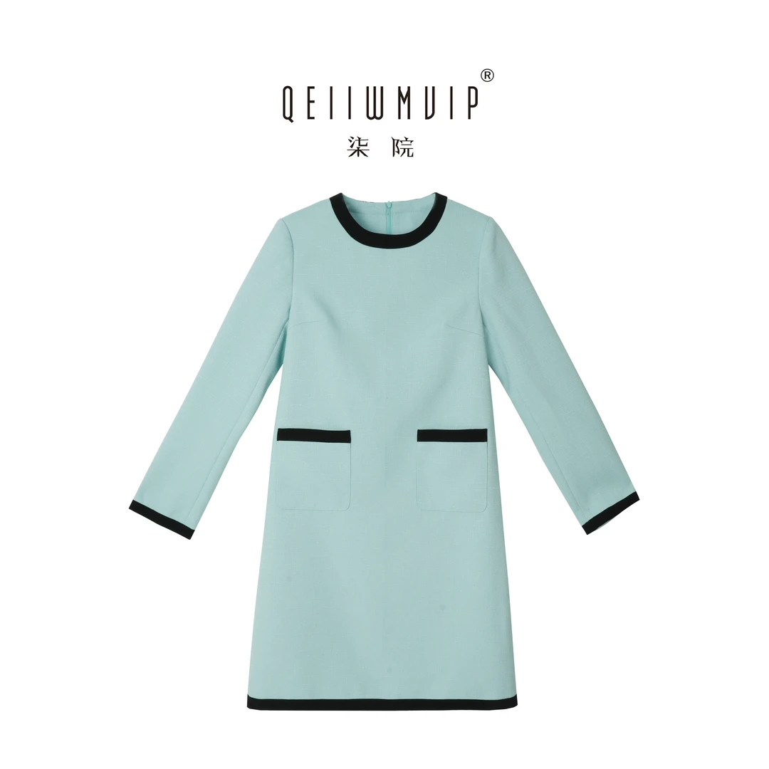 QEIIWMVIP/柒院春季时尚轻奢显瘦撞色设计小香风短款连衣裙6627