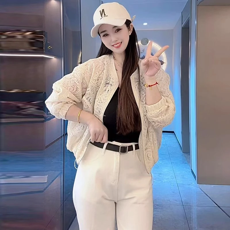 时尚短外套女2025春秋新款时髦洋气蕾丝镂空设计感宽松防晒上衣潮