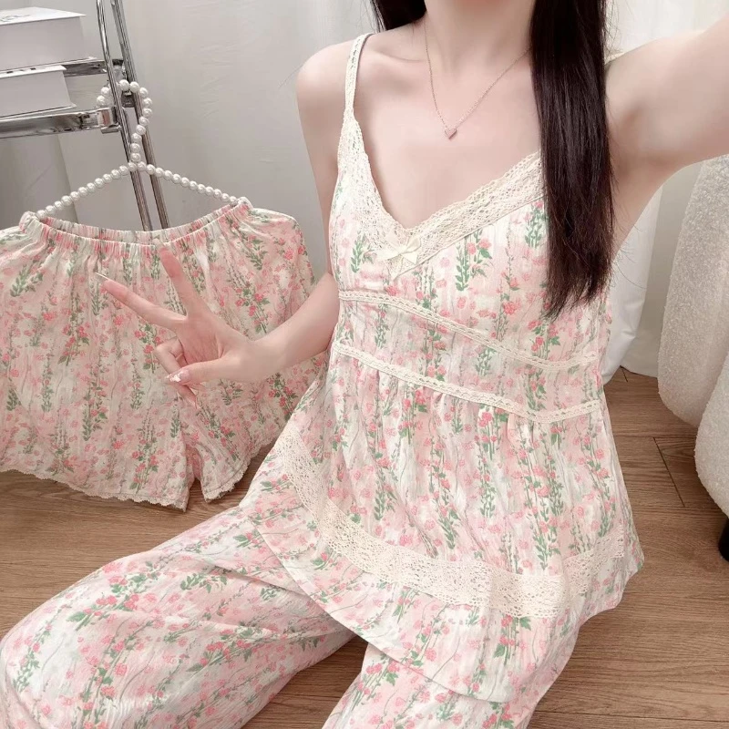 2025新款夏季女生睡衣时尚可爱女士家居服三件套休闲可外穿吊带