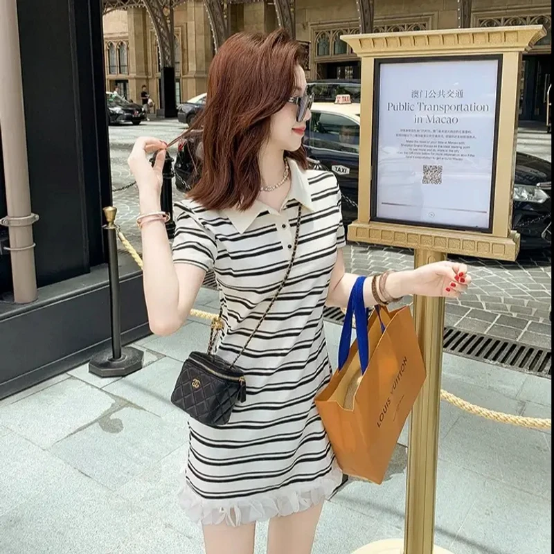 【蕾丝条纹】休闲中长款polo领连衣裙女夏季宽松显高直筒裙7825#