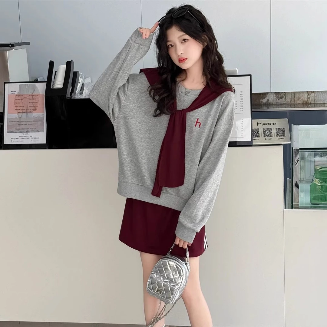 女童春秋款宽松披肩套头卫衣套装女大童儿童秋装半身裙短裙两件套
