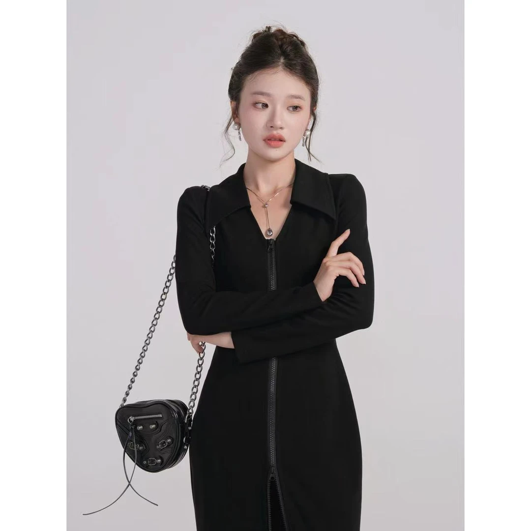 暮色世纪//co&sheng修身黑色长款双拉链高腰时尚连衣裙女装连衣裙