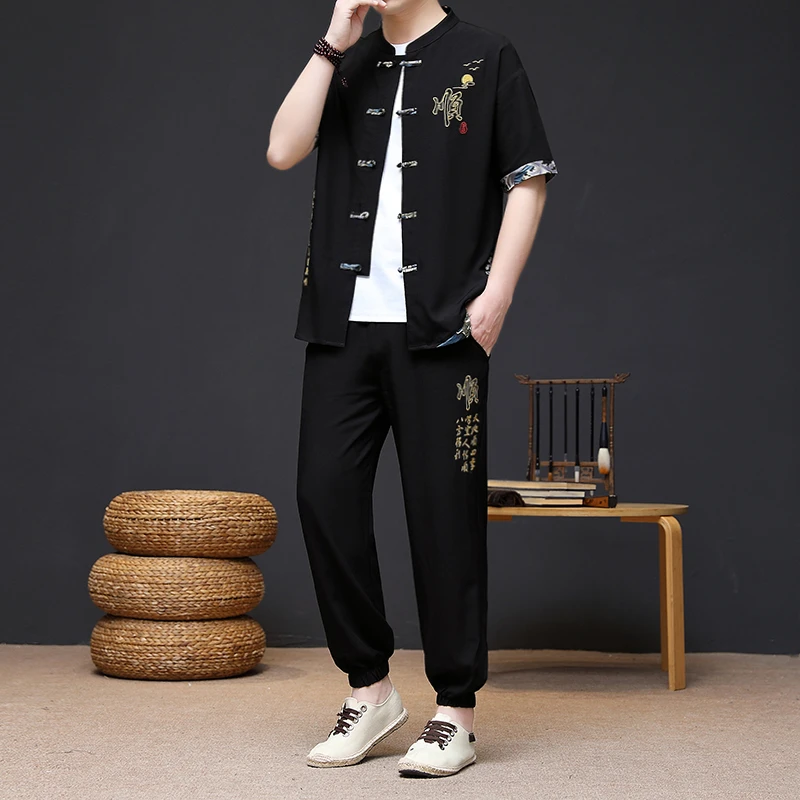 2025夏季新款潮男时尚轻薄短袖新中式复古休闲立领唐装套装8659