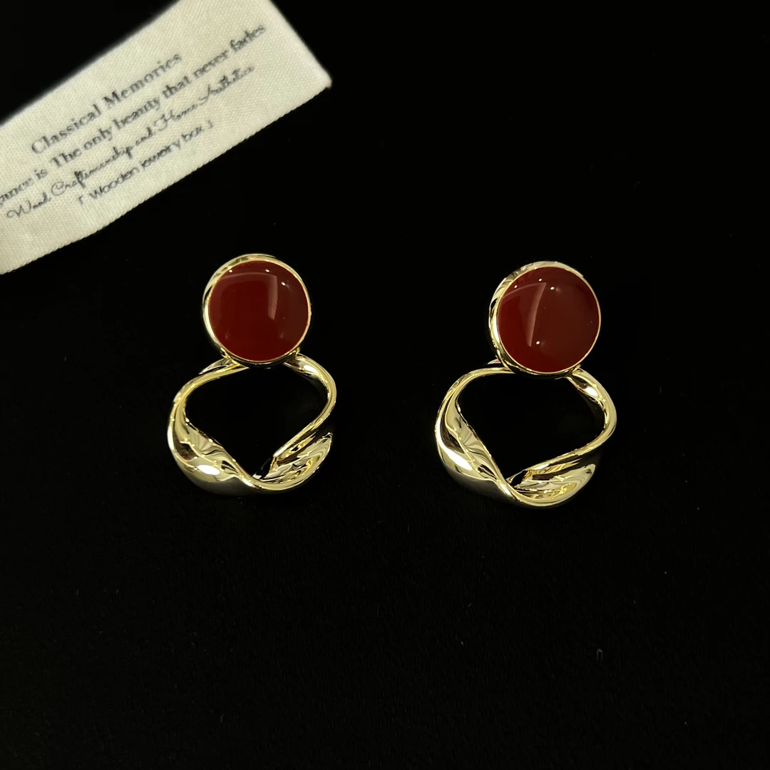 铜合金锆石耳饰 时尚秋冬日常百搭轻奢酒红色圈圈耳环137