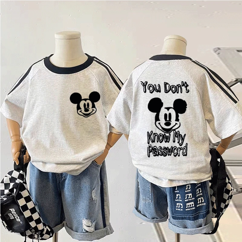 100纯棉儿童新款米奇卡通t恤男女童纯棉短袖宽松宝宝洋气半袖上衣