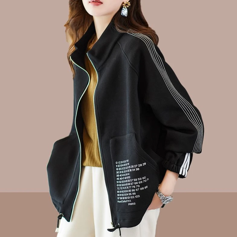 欧货爆款宽松简约夹克衫女2025秋季新款立领印花拉链休闲百搭外套