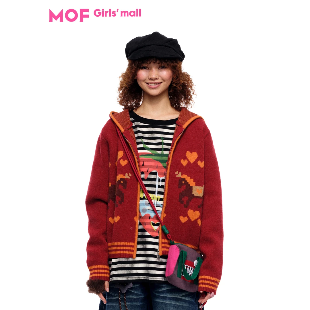 MOF少女百货 旋转木马红色针织连帽开衫 拉链开衫毛衣 连帽