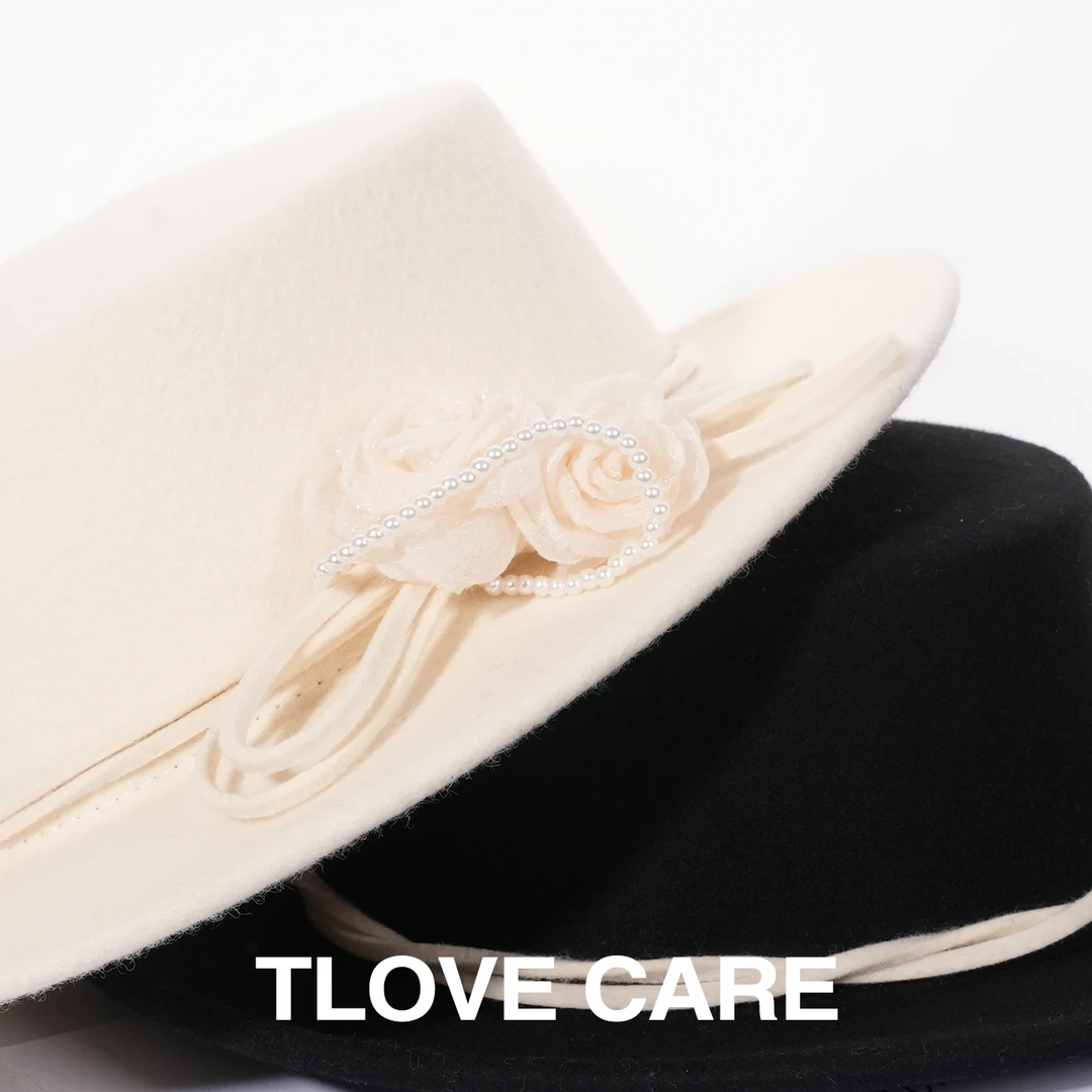 9917法式秋冬帽子礼帽优雅平沿帽肉色花朵平沿帽