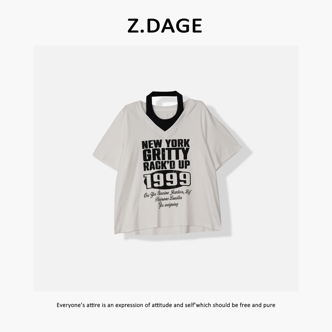 Free&Simp-‘星落银河’极简时尚25夏季款个性套头V领短袖T-82195