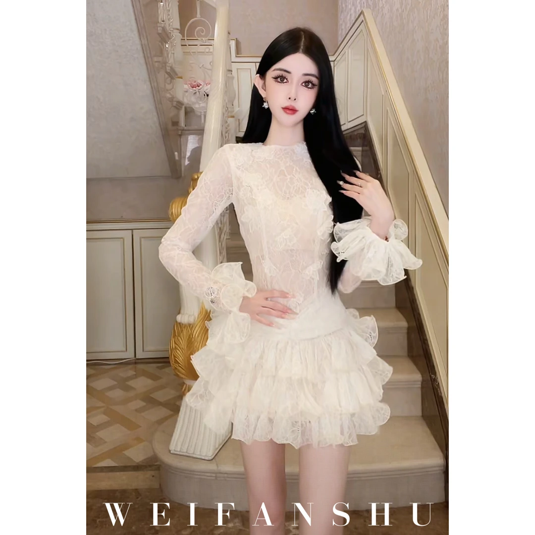 WEIFANSHU/魏凡舒【蕾丝入梦】秋冬新款名媛气质优雅甜美蕾丝连衣裙