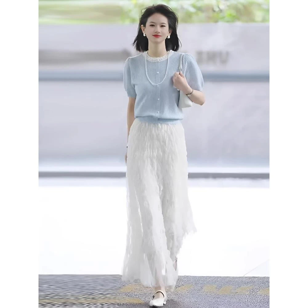 夏季气质穿搭一整套设计感法式小香风钉珠圆领短袖上衣两件套装裙