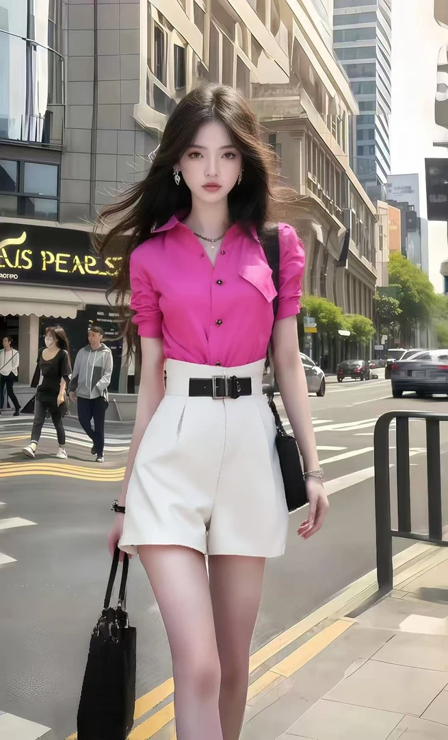 显瘦减龄气质女装玫红色短袖修身衬衫上衣+杏色高腰短裤女两件套