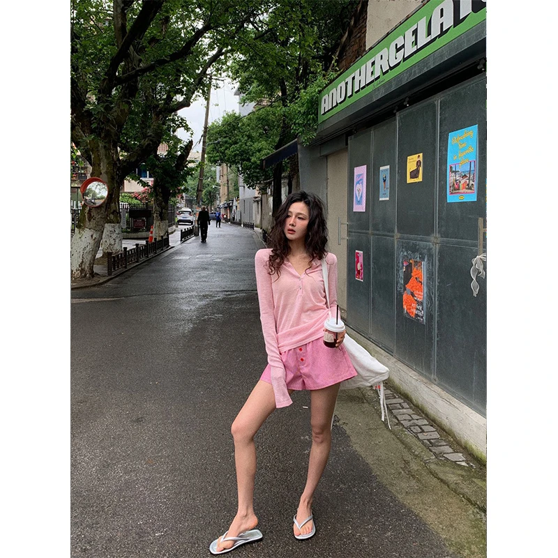 40122新款韩版街头纯欲微透显瘦polo领粉色长袖T恤休闲短裤女