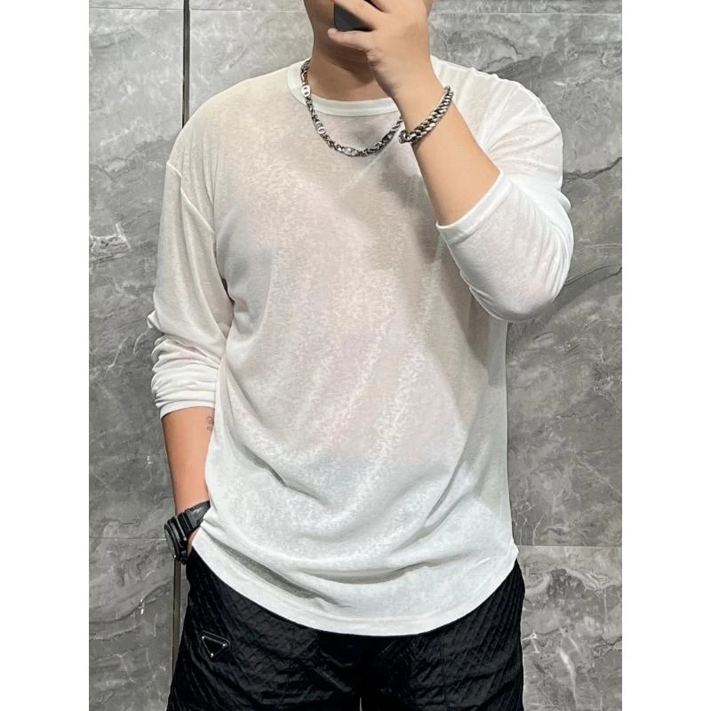 夏季薄款透气防晒休闲长袖T恤男士时尚百搭简约潮流圆领打底上衣