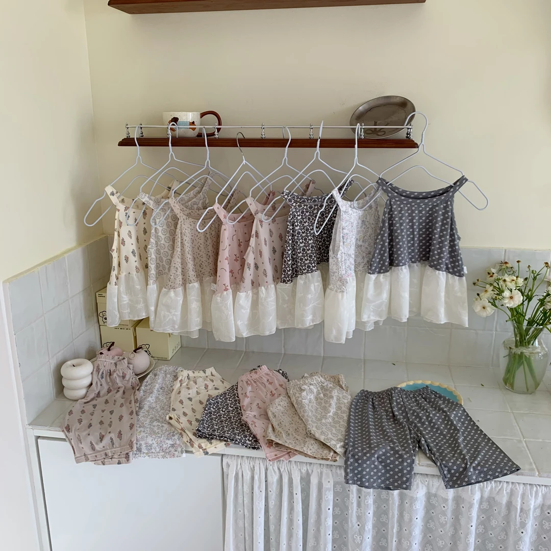 6160莫浠莫儿童2025年夏季吊带韩系碎花花边森系吊带裙套装