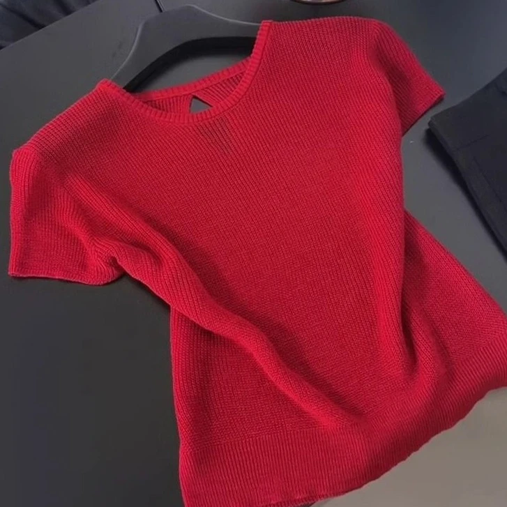 2025新款韩系红色圆领镂空针织短袖T恤女夏季修身显瘦气质甜美