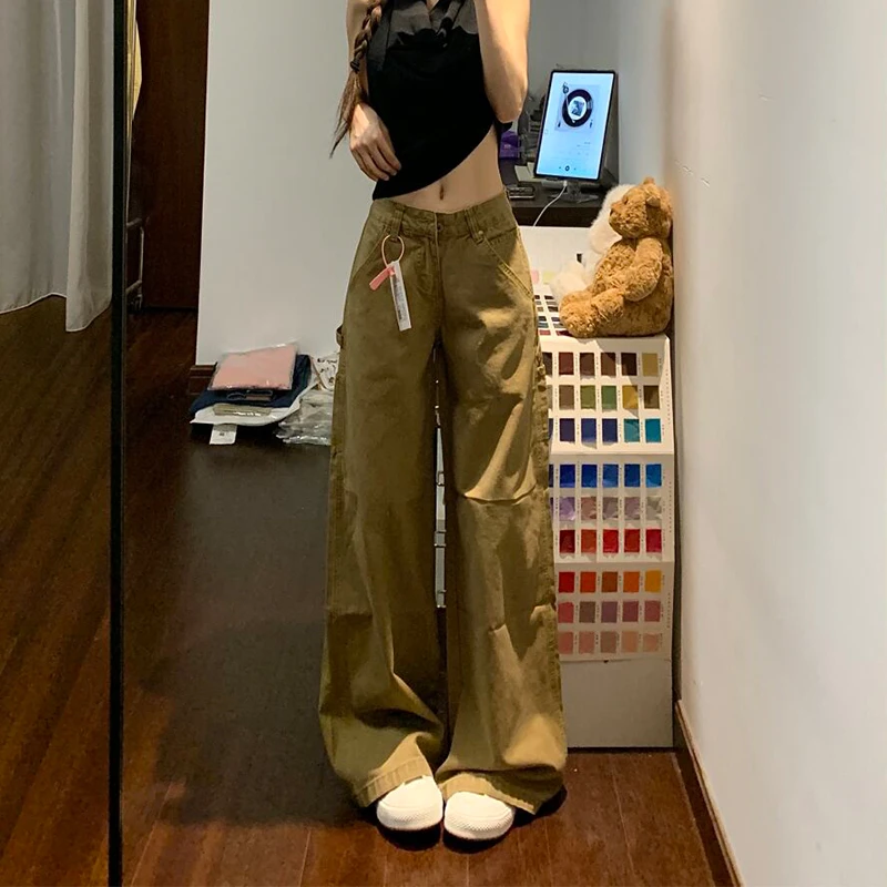 卡其色复古水洗显瘦工装牛仔裤女2025夏秋新款做旧低腰拖地阔腿裤