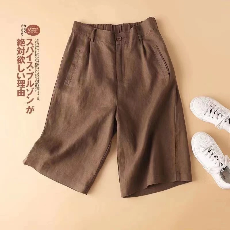 棉麻文艺阔腿短裤女夏装新品薄款半松紧高腰宽松显瘦女休闲七分裤