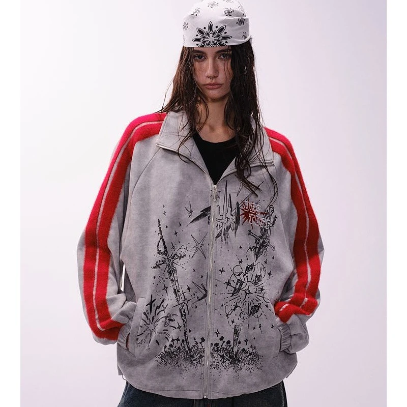 外贸美式复古麂皮绒做旧撞色夹克秋季男磨毛谢霆锋同款短袖t恤