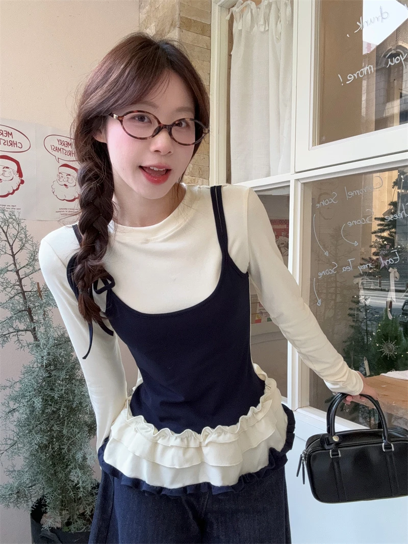 韩版甜美撞色荷叶花边拼接假两件长袖t恤秋冬季内搭显瘦短款上衣