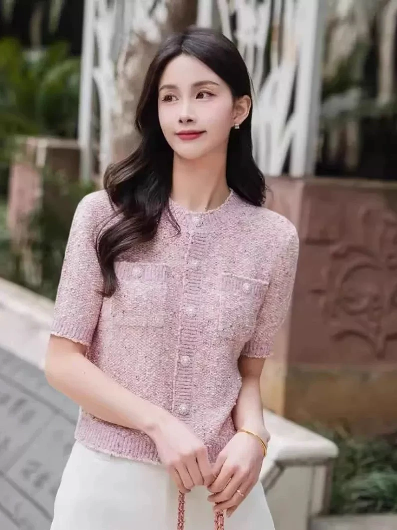 【商场同款】2025春夏亚麻时尚洋气短袖透气小香风减龄针织衫148022