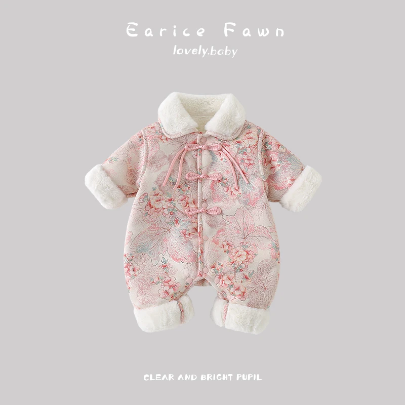 DZ婴儿衣服冬季女宝宝国风加厚连体衣满月百天爬爬服可爱洋气棉衣