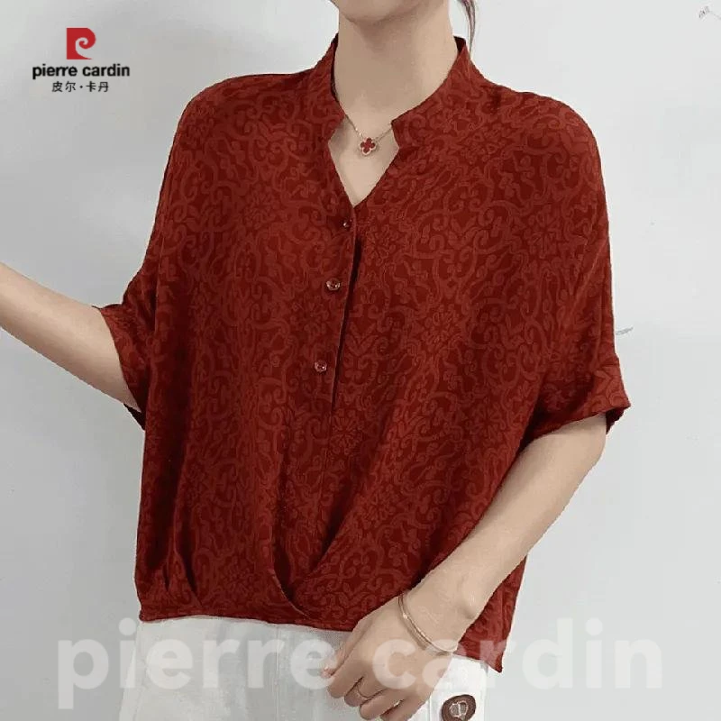 皮尔卡丹高档女夏季短袖新款时尚宽松休闲衬衫妈妈装提花洋气百搭