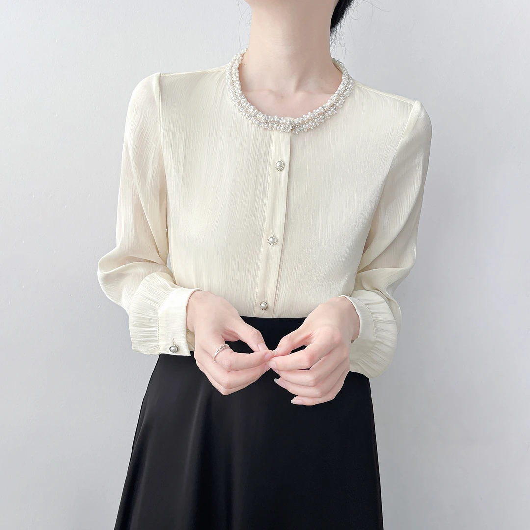 Q640重工钉珠圆领衬衫女高级光泽肌理感衬衣法式时尚洋气上衣