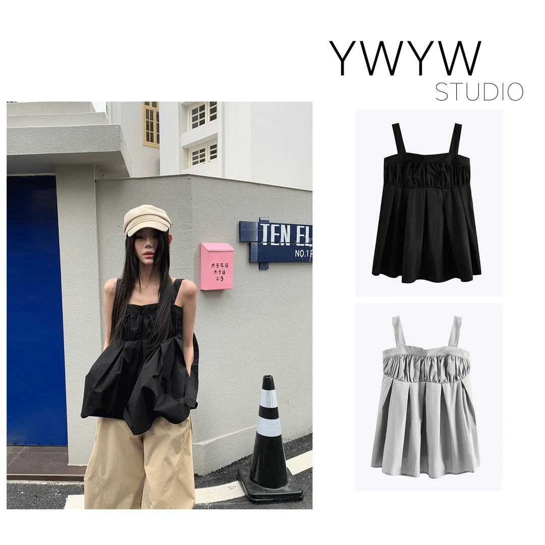 【YWYW25S/S】夏季ins风休闲纯色通勤宽松吊带大摆上衣5228