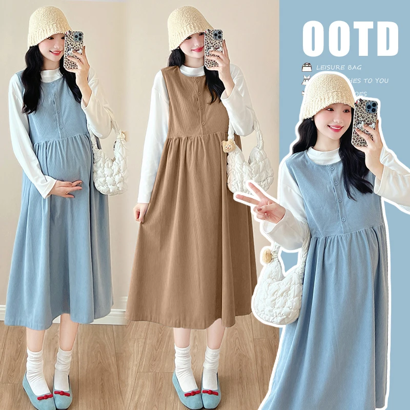 2025春装时尚网红落肩圆领T恤+毛绒绒雪尼尔宽松背心裙孕妇套装女