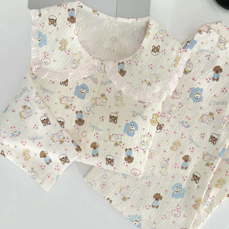 薄款春秋款云朵棉150克甜美娃娃领小狗长袖睡衣家居服套装